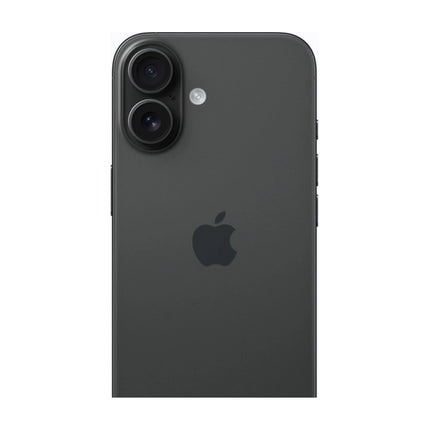 Apple iPhone 16 in Black, rear view showing Apple logo and dual-camera