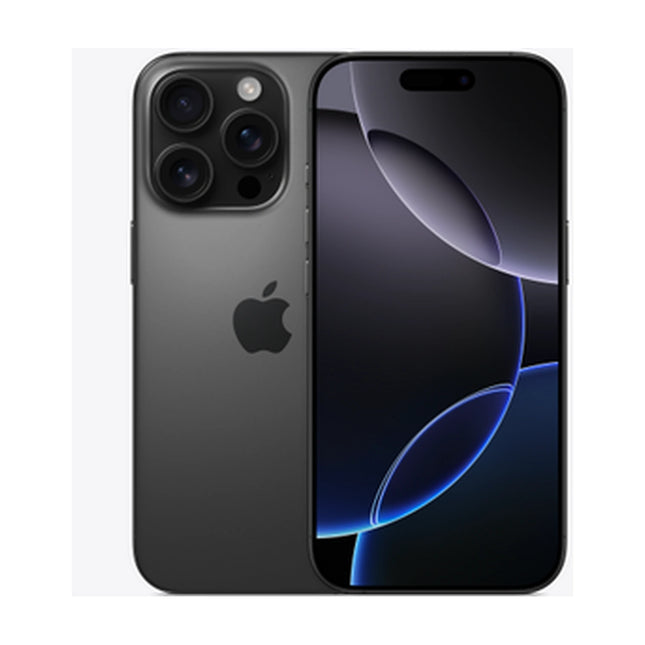 Apple iPhone 16 Pro in Black Titanium, front and rear view showing 6.3-inch display and triple-camera