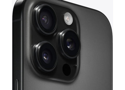 Apple iPhone 16 Pro in Black Titanium, angled close-up of triple-camera module