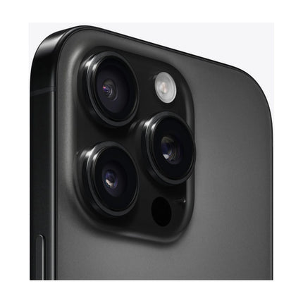 Apple iPhone 16 Pro in Black Titanium, angled close-up of triple-camera module