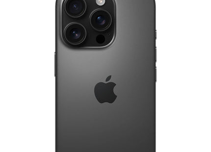 Apple iPhone 16 Pro in Black Titanium, rear view showing Apple logo and triple-camera