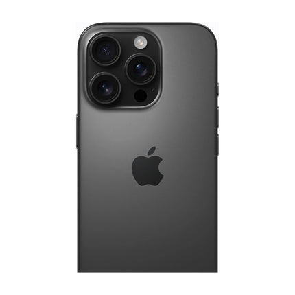 Apple iPhone 16 Pro in Black Titanium, rear view showing Apple logo and triple-camera