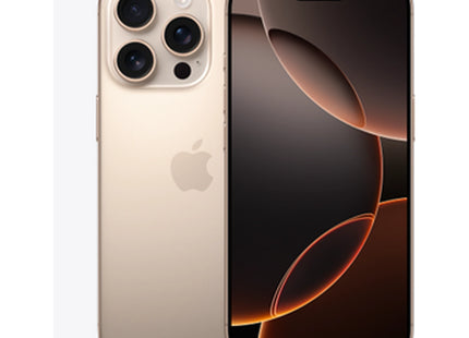 Apple iPhone 16 Pro in Desert Titanium, front and rear view showing 6.3-inch display and triple-camera