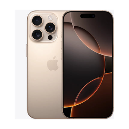 Apple iPhone 16 Pro in Desert Titanium, front and rear view showing 6.3-inch display and triple-camera