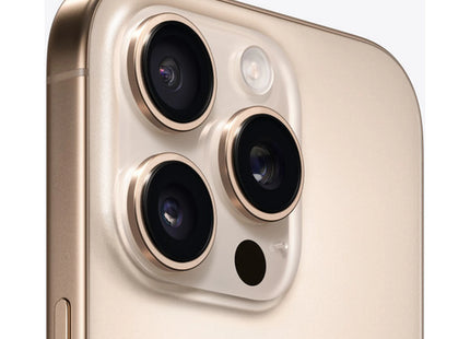 Apple iPhone 16 Pro in Desert Titanium, angled close-up of triple-camera module
