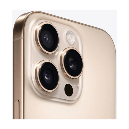 Apple iPhone 16 Pro in Desert Titanium, angled close-up of triple-camera module