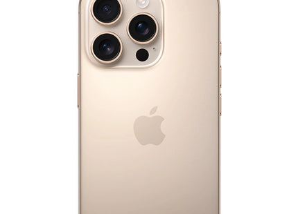 Apple iPhone 16 Pro in Desert Titanium, rear view showing Apple logo and triple-camera
