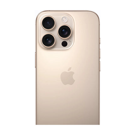 Apple iPhone 16 Pro in Desert Titanium, rear view showing Apple logo and triple-camera