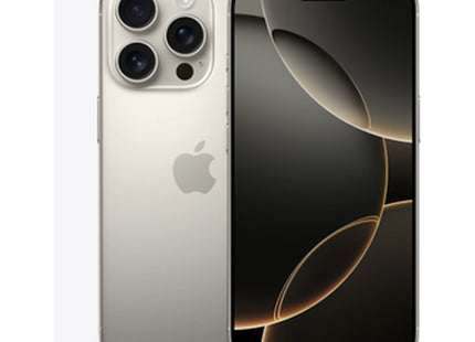 Apple iPhone 16 Pro in Natural Titanium, front and rear view showing 6.3-inch display and triple-camera