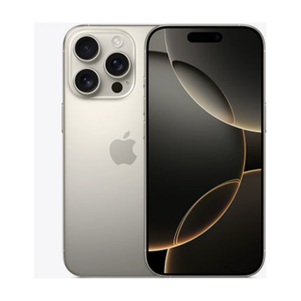 Apple iPhone 16 Pro in Natural Titanium, front and rear view showing 6.3-inch display and triple-camera