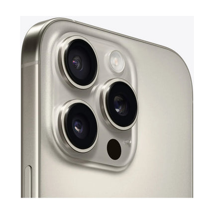 Apple iPhone 16 Pro in Natural Titanium, angled close-up of triple-camera module