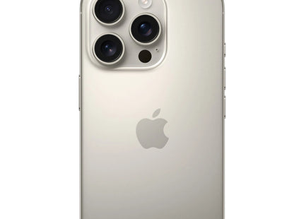 Apple iPhone 16 Pro in Natural Titanium, rear view showing Apple logo and triple-camera
