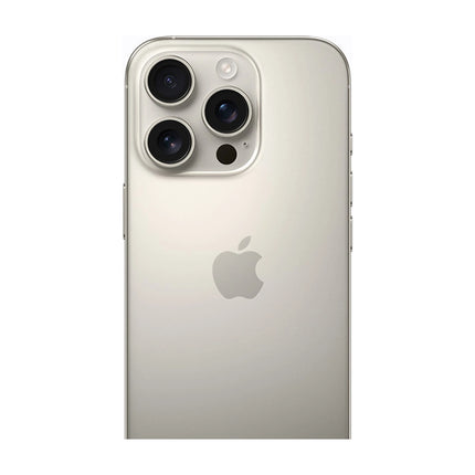 Apple iPhone 16 Pro in Natural Titanium, rear view showing Apple logo and triple-camera