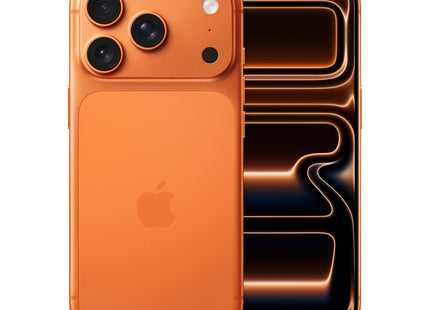 Apple iPhone 17 Pro, Cosmic Orange, rear and front view pair