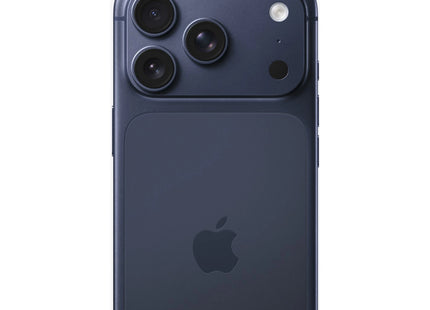 Apple iPhone 17 Pro in Deep Blue, rear view showing triple-camera plateau and Apple logo