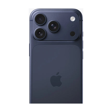 Apple iPhone 17 Pro in Deep Blue, rear view showing triple-camera plateau and Apple logo