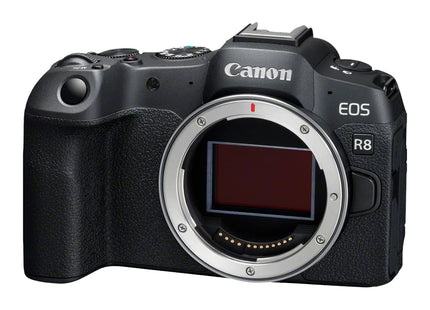 Canon EOS R8 mirrorless camera, angled view
