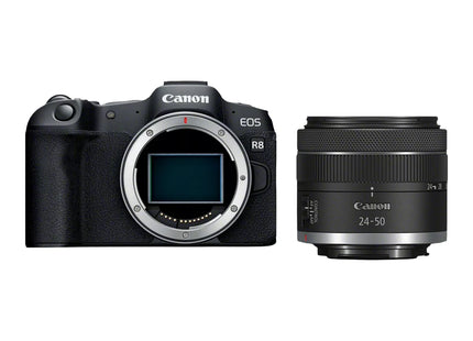 Canon EOS R8 with RF 24-50mm lens, front view