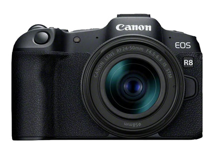 Canon EOS R8 with RF 24-50mm lens, angled view