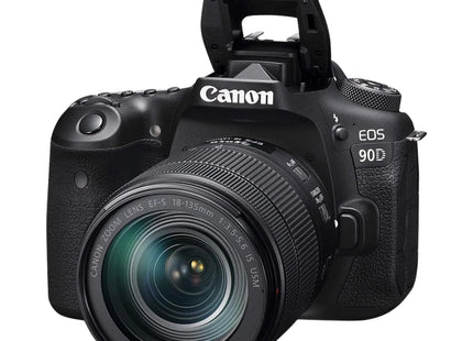 Canon EOS 90D DSLR with 18-135mm lens side view