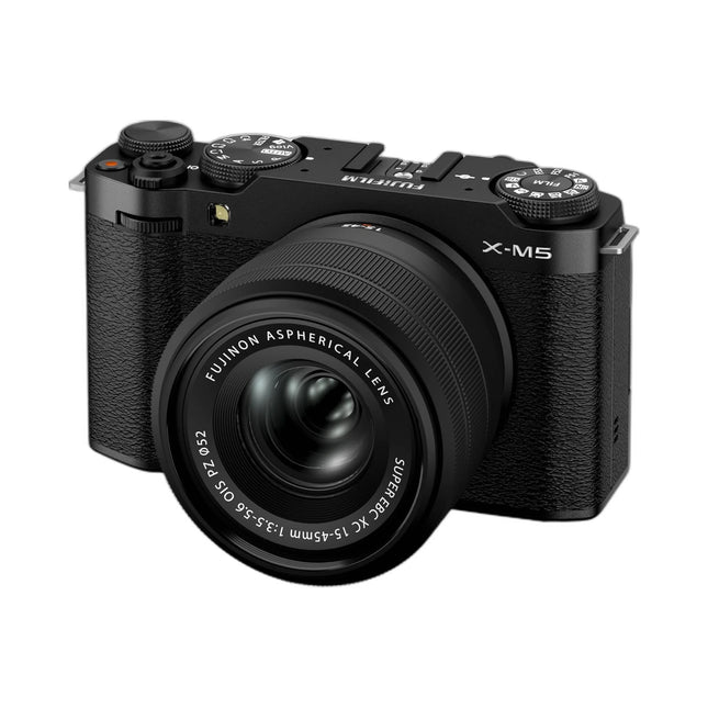 Fujifilm X-M5 Mirrorless Camera with XC 15-45mm f/3.5-5.6 Lens in Black — angled view