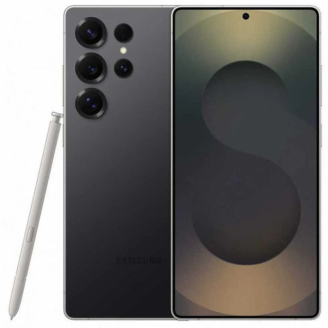 Samsung Galaxy S25 Ultra, titanium black, front and back view with S Pen