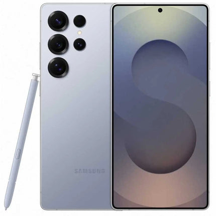 Samsung Galaxy S25 Ultra, titanium silver blue, front and back view with S Pen