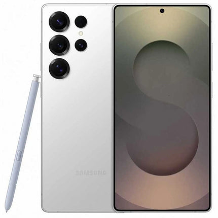 Samsung Galaxy S25 Ultra, titanium white silver, front and back view with S Pen
