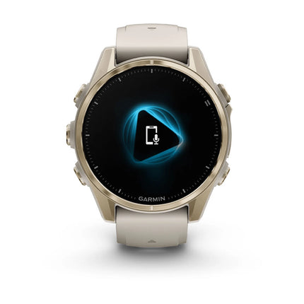 Garmin Fenix 8 Smartwatch, Soft Gold bezel with Fog Gray band, front view, display on