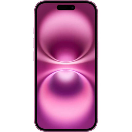 Apple iPhone 16, pink, back view, display on with wallpaper