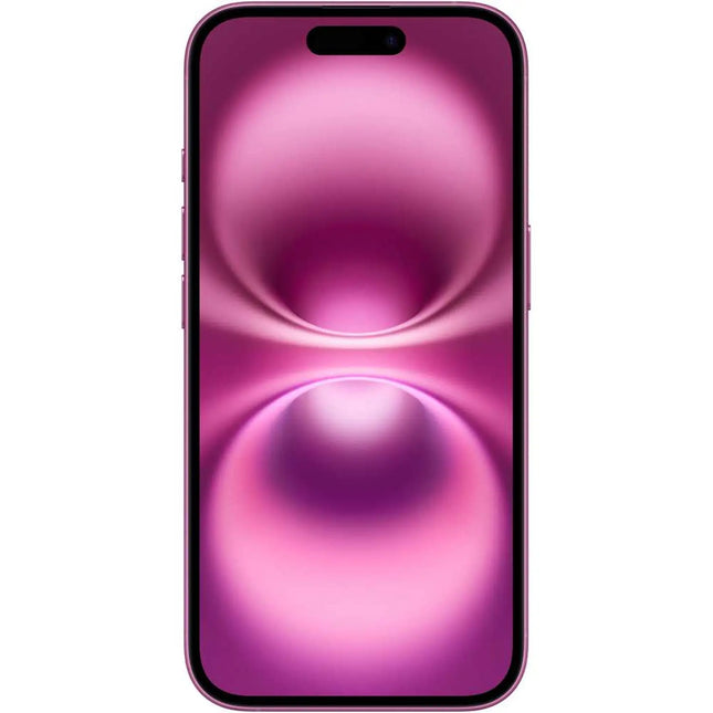 Apple iPhone 16, pink, back view, display on with wallpaper