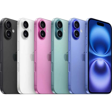 Apple iPhone 16, multiple colors, lineup back view showing all color options