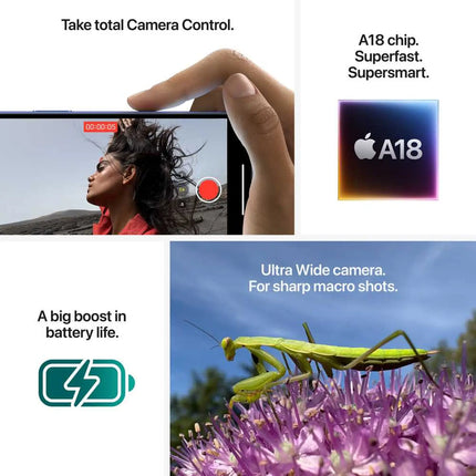 Apple iPhone 16, feature infographic — A18 chip, Camera Control, battery, Ultra Wide camera
