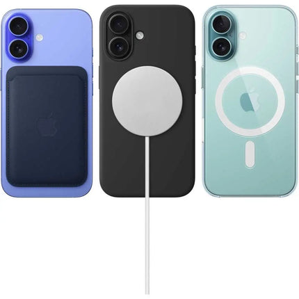 Apple iPhone 16, MagSafe accessories lifestyle shot with cases and charger