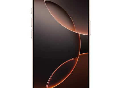 Apple iPhone 16 Pro, desert titanium (gold), front view, display on with wallpaper