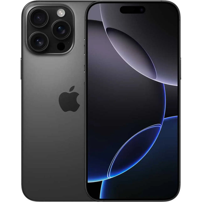 Apple iPhone 16 Pro Max, black titanium, front and back pair view