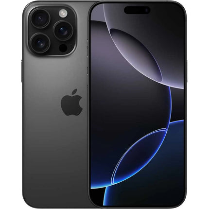 Apple iPhone 16 Pro, black titanium, front and back pair view