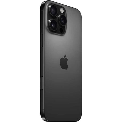 Apple iPhone 16 Pro Max, black titanium, rear angled view