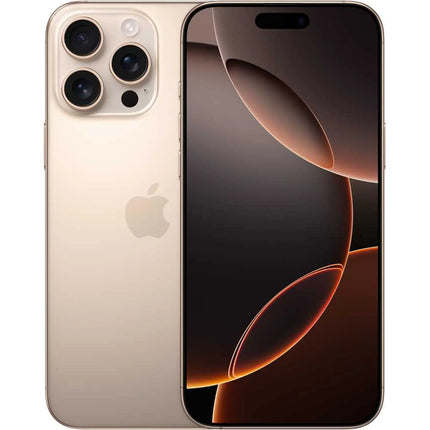 Apple iPhone 16 Pro, desert titanium, front and back pair view