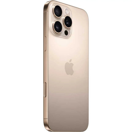 Apple iPhone 16 Pro Max, desert titanium, rear angled view