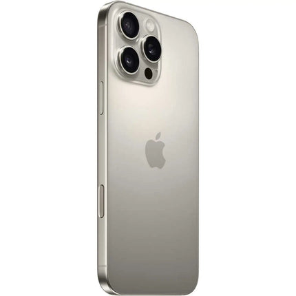Apple iPhone 16 Pro Max, natural titanium, rear angled view
