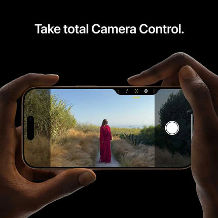 Apple iPhone 16 Pro Max, natural titanium, lifestyle camera control held by person