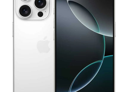 Apple iPhone 16 Pro, white titanium, front and back angled view