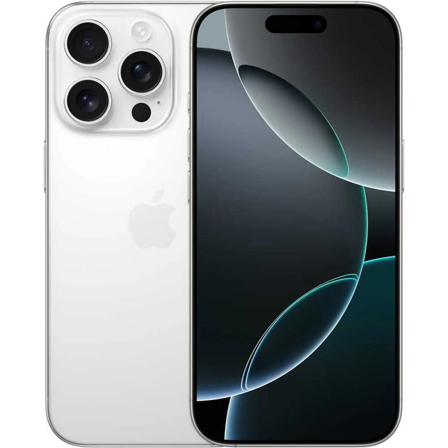 Apple iPhone 16 Pro, white titanium, front and back angled view