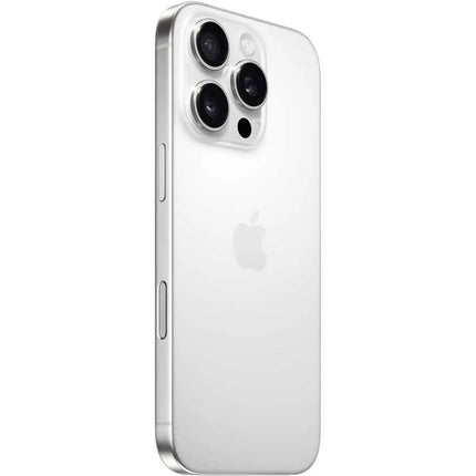 Apple iPhone 16 Pro Max, white titanium, rear angled view