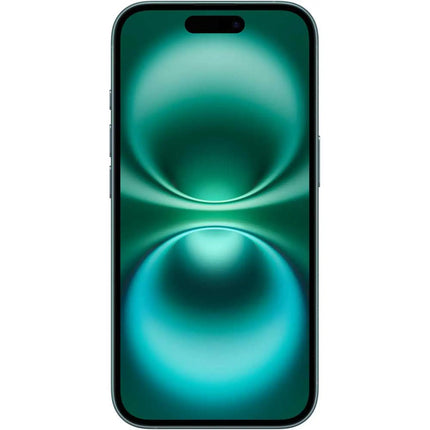 Apple iPhone 16, teal, front view, display on with wallpaper