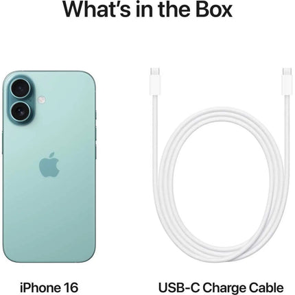 Apple iPhone 16, teal, what's in the box card with phone and USB-C cable