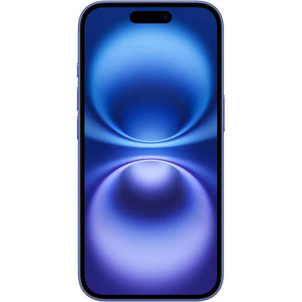 Apple iPhone 16, ultramarine (blue-violet), front view, display on with wallpaper