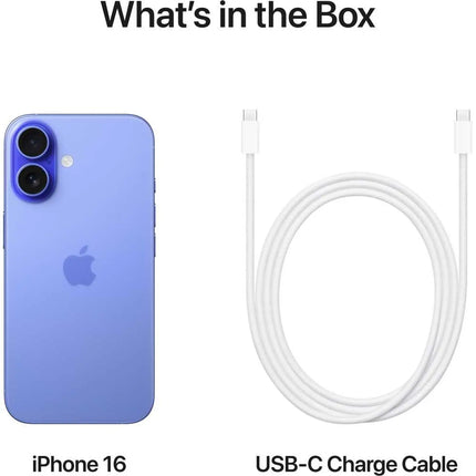 Apple iPhone 16, ultramarine (blue-violet), what's in the box card with phone and USB-C cable