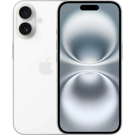 Apple iPhone 16, white, front and back view side by side